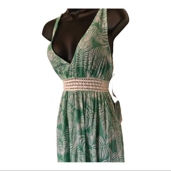 Green white floral open back halter beach cover up crochet maxi dress size small - Picture 4 of 16